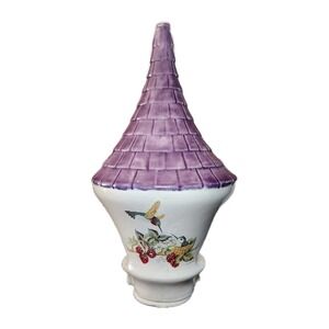 Vintage Ceramic Garden Bird Feeder Whimsical Cottage Purple Turret Roof Rare